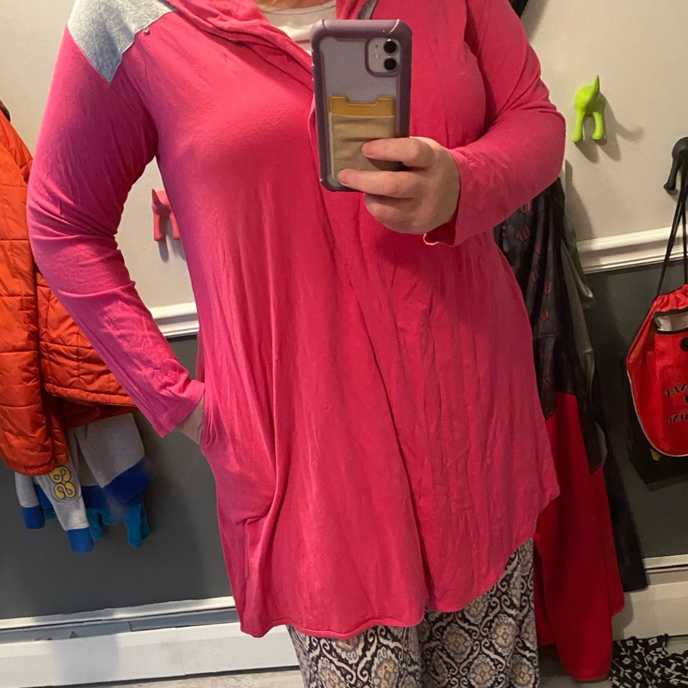 Hooded pink and gray duster jacket